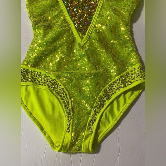 Glamour solo dance costume neon green yellow rhinestone embellished leotard SA - Picture 4 of 13